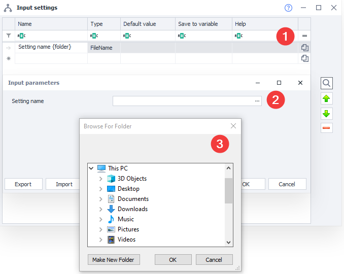 Settings editor window (1), how the user sees the setting (2), and the dialog box that opens when you click […] in Windows 10 (3)